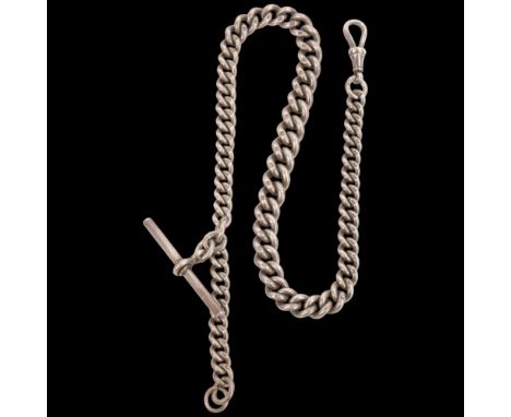 An Antique silver solid curb link Albert chain necklace, with silver T-bar and dog clip, 34cm, 45.8g . Condition Report:No da