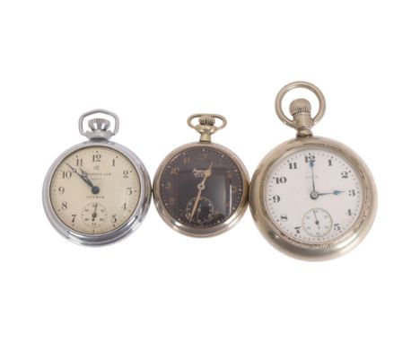 3 open-face keyless pocket watches, including Elgin and Ingersoll, only black Ingersoll working (3) . Condition Report:Lot so