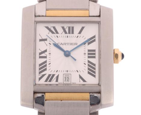 CARTIER - a bi-metal Tank Francaise automatic calendar bracelet watch, ref. 2302, silvered engine turned sunburst dial with b