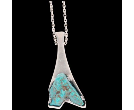 TILO - a large Danish brutalist sterling silver turquoise abstract pendant necklace, set with rough turquoise on sterling sil