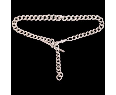 A heavy Antique silver solid curb link Albert chain necklace, with silver T-bar and dog clip, 38cm, 62.3g . Condition Report: