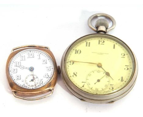 Gold plated gent's wrist watch and a white metal pocket watch by Bauer &amp; Ferguson, Timaru, crown wound movement, the wris