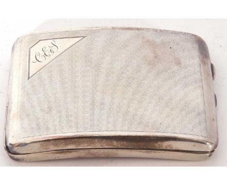 George V silver cigarette case of rectangular curved form, engine turned decoration around a corner engraved monogram, 10 x 8