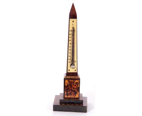 Small Tunbridge ware obelisk mounted with a mercury thermometer, 19cm high