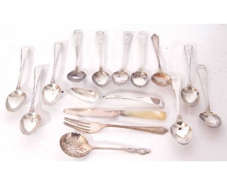 Mixed Lot: set of five George III Exeter tea spoons in Old English pattern, 1805, by George Turner, a set of four George III 