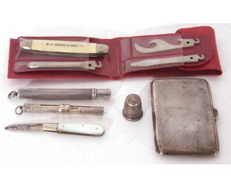 Mixed Lot: small Chester hallmarked silver cigarette case, propelling pencils, vintage multi-tool knife, mother of pearl frui