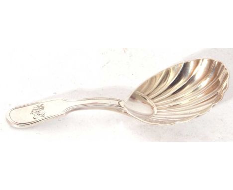Victorian silver Fiddle and thread pattern caddy spoon with shell formed bowl, London 1862, maker's mark George Richard Elkin