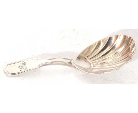 Victorian silver Fiddle and thread pattern caddy spoon with shell formed bowl, London 1862, maker's mark George Richard Elkin