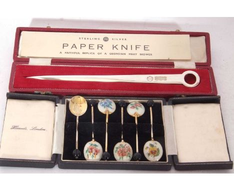 Mixed Lot: cased set of six enamel and bean end coffee spoons, Birmingham 1960, together with a cased sterling silver paper k