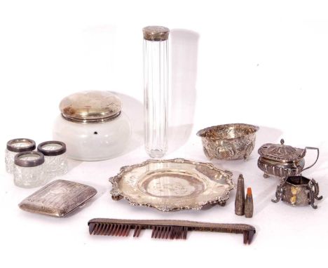 Mixed Lot: silver shallow dish, Birmingham 1903, a glass powder bowl with a hallmarked silver lid, London 1919, a silver ciga