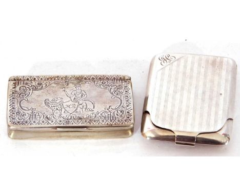 Mixed Lot: small 19th century white metal snuff box of hinged rectangular form, the lid decorated with a Royal figure and an 