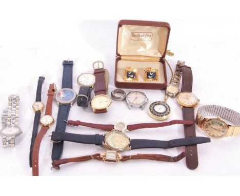 14 various gents and ladies wrist watches and a pocket watch and cuff links, the wrist watches include a gent's Oris, a quart