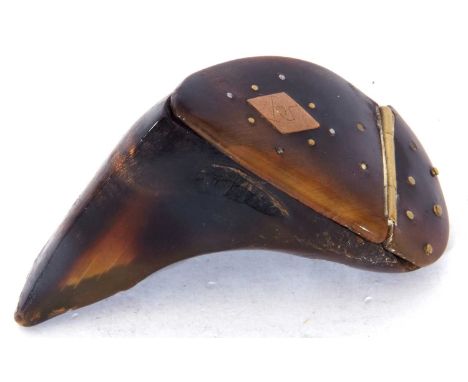 Small 19th century snuff box formed from a cow's hoof, fitted with a hinged lid and inset with metal studded decoration, 8cm 