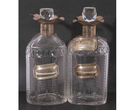 Pair of late Victorian silver and glass spirit decanters, the oval shaped glass bodies with diamond and acid cut bands, havin