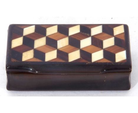 Small 19th century horn snuff box of hinged rectangular form, the lid decorated with a geometric design, 7.5cm wide