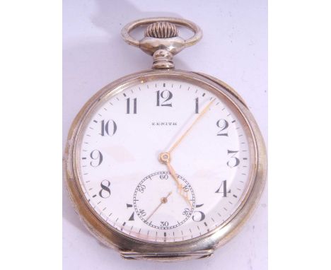 Zenith Grand Prix Paris 1900 white metal pocket watch, stamped to interior of case 0.800, a 15-jewel crown wound movement, a 