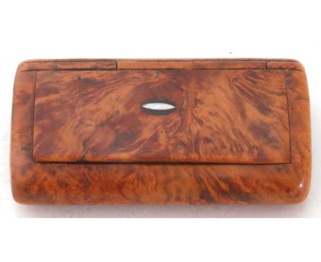 Small 19th century burr wood snuff box of hinged rectangular form, 8cm wide