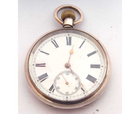 Gent's white metal pocket watch stamped 925, dates to first quarter of 20th century, white enamel dial with black Roman numer