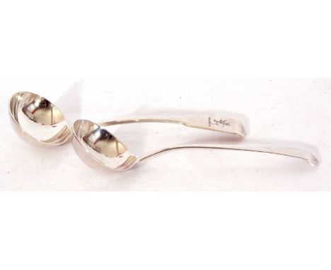 Early Georgian base marked sauce ladle in Old English pattern with circular bowl, marks compressed and partially erased, toge
