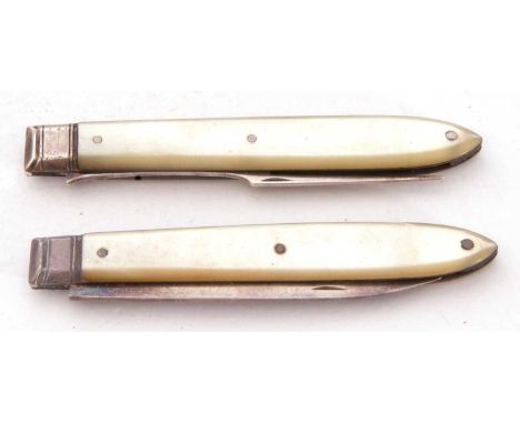 George III silver and mother of pearl mounted folding travelling fork and knife set, in a red leather case, partial hallmarks