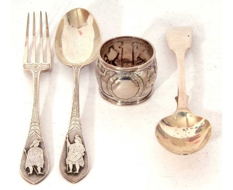 Mixed Lot: an interesting fork and spoon with raised cameo warrior figures to the handles, together with a matching napkin ri