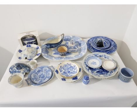 Crate of blue and white China including spode, early meat plate and boxed rington's tea pot