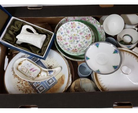 Box of miscellaneous items includes boxed royal Worcester jug, Minton plates, paragon cups and saucers etc