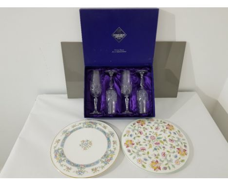 A Edinburgh crystal champagne flutes boxed together with a Minton and a Royal Worcester cake plate