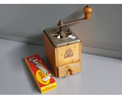 Vintage German 1950s Armin Trosser coffee grinder, manual conical burr mill together with vintage bottle opener in original b