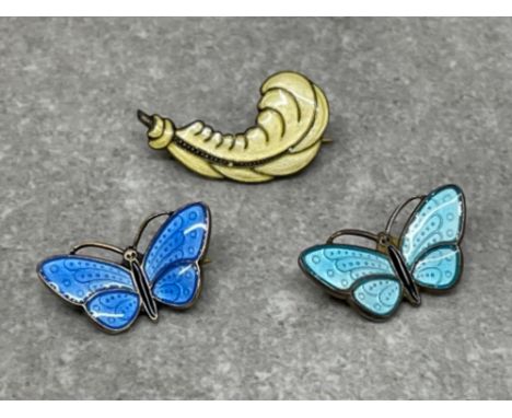 3 small Norway designer Aksel Holmsen silver and enamel brooches all vintage 2 butterflies and a feather