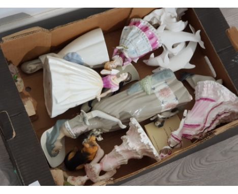 Box containing miscellaneous ornaments mainly lady figures Doulton Worcester etc all have minor faults also includes cottage 