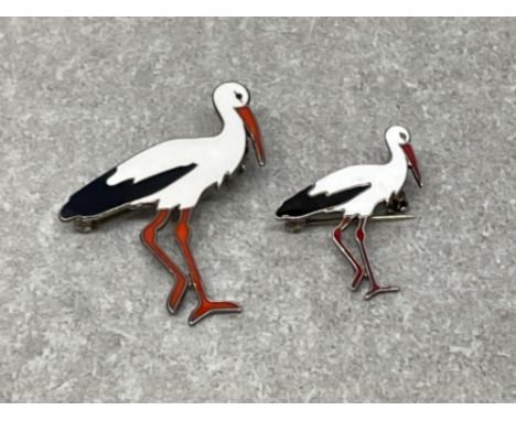 2 vintage Denmark designer Volmer Bahner brooches sterling silver and enamel depicting wading birds both in good condition st