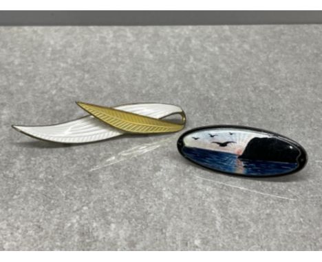2 Aksel Holmsen Norway designer vintage sterling silver and enamel brooches both marked on rear