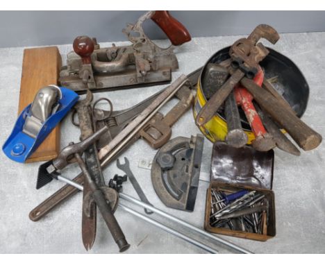 Box containing a variety of vintage hand tools