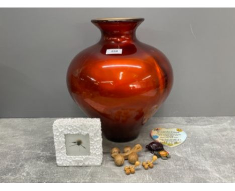 Large orange Spanish lustre vases 35cms with butterfly clock and a couple of animal ornaments
