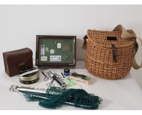 Interesting lot of fishing equipment including decorative display box , wicker hip fishing basket , net and scales etc