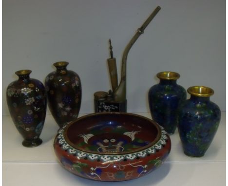 Two pairs of cloisionne vases, cloisionne shallow bowl and similar lighter