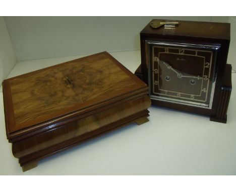 1930s Bentima oak cased mantel clock and mahogany bsewing box with lift out sectional tray