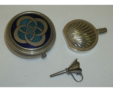 Silver plated pill box the lid with inset enamel design, small shell shaped scent bottle and silver London 1991 miniature fun