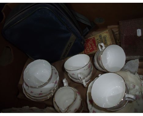 Selection of Royal Osbourne tea service, praktica MTL 50 in carry case with accessories and small selection of silver plated 