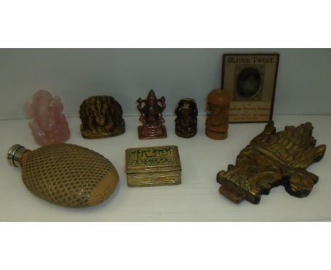 Carved tigers eye Indian God Ganesha and similar pink quartz, decanter with wicker work overlay, Oliver Twist In The Palladiu
