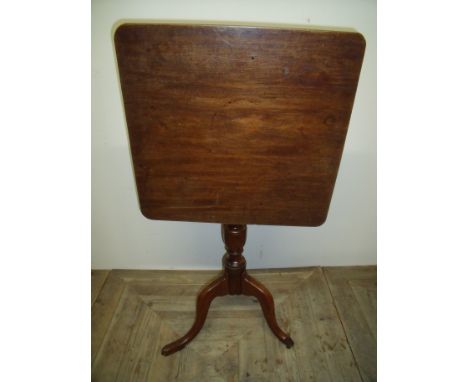 19th C mahogany square top tripod table on turned column supports
