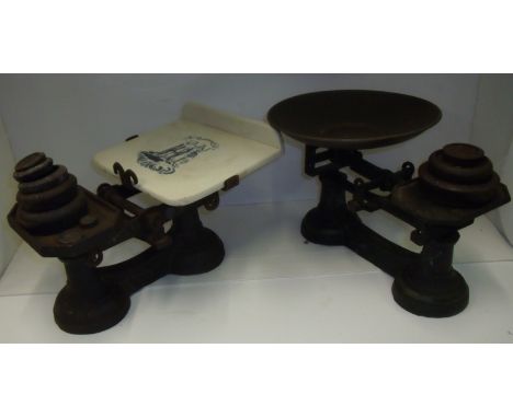 Pair of cast metal scales with ceramic transfer printed plate and one other pair of scales and weights