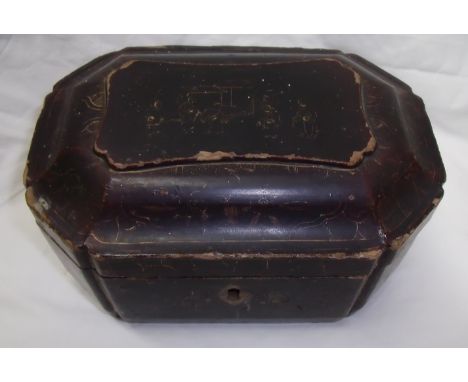 18th / 19th C lacquered tea caddy with Oriental gilt work style scenes and hinged top (20cm x 14cm x 14cm) (a/f)