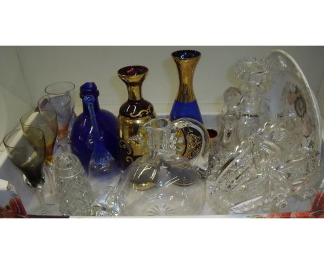 Venetian glass decanter with painted and gilt decoration and five matching glasses, similar Venetian glass vase, decanters, c