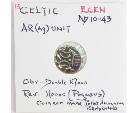 A Celtic AR (AG) unit, Ecen, cAD10-43, obverse a double moon, reverse a horse (Pegasus), cornea main pellet, daisy above and 