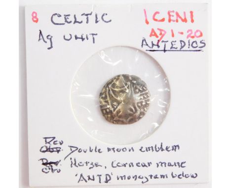A Celtic AG unit, Iceni, cAD1-20, antedics, obverse horse, reverse double moon emblem, Cornear Mane, "ANTD" monogramme belowe
