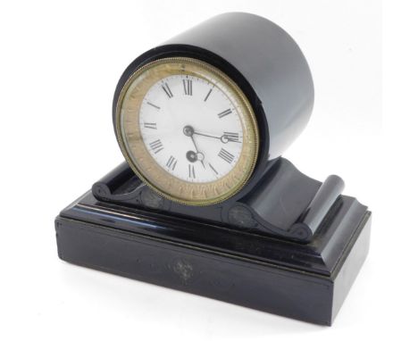 A Victorian black slate mantel clock, with circular white enamel dial bearing  Roman numerals, thirty hour movement, the case