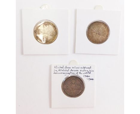 Three George II silver shillings, 1743, Lima 1745, and 1750.