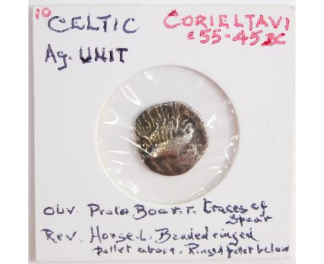 A Celtic AG unit, Corieltavi, c55-45BC, obverse prato boar with traces of a spear, reverse a horse with beaded and ring pelle